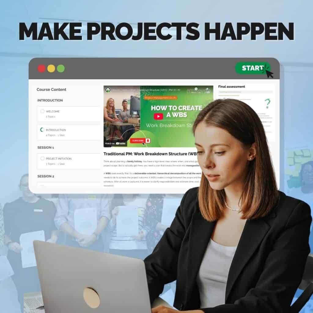 project management 101 leader taking the course on a laptop